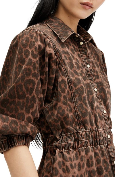 Shop Allsaints Osa Animal Puff Sleeve Denim Shirtdress In Animal Brown