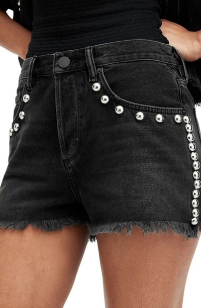 Shop Allsaints Heidi Studded Fray Hem Shorts In Washed Black