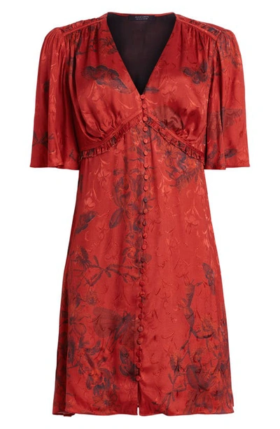 Shop Allsaints Tian Sanibel Floral Flutter Sleeve Minidress In Rust Red
