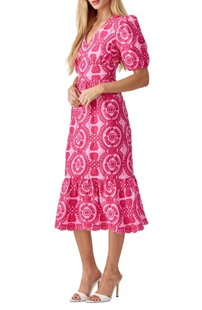 Shop Adelyn Rae Luisa Embroidered Midi Dress In Pink/ Magenta