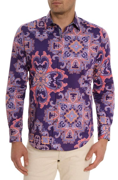 Shop Robert Graham Casino Royale Classic Fit Paisley Print Cotton Button-up Shirt In Purple