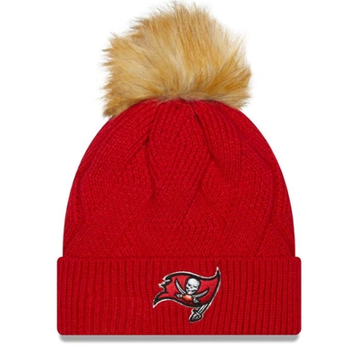 Shop New Era Red Tampa Bay Buccaneers Snowy Cuffed Knit Hat With Pom