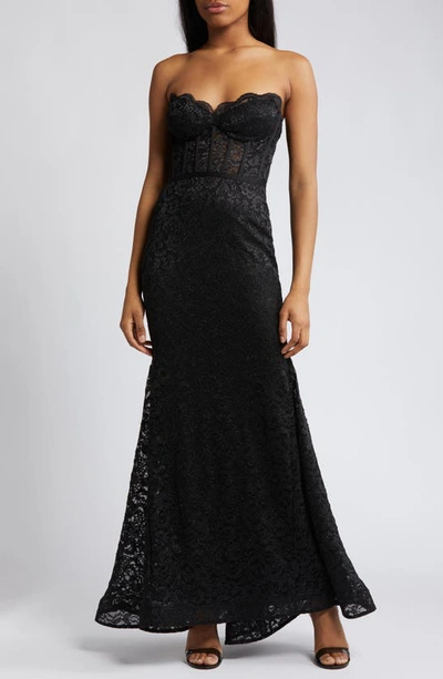 Shop Morgan & Co. Glitter Lace Strapless Mermaid Gown In Black