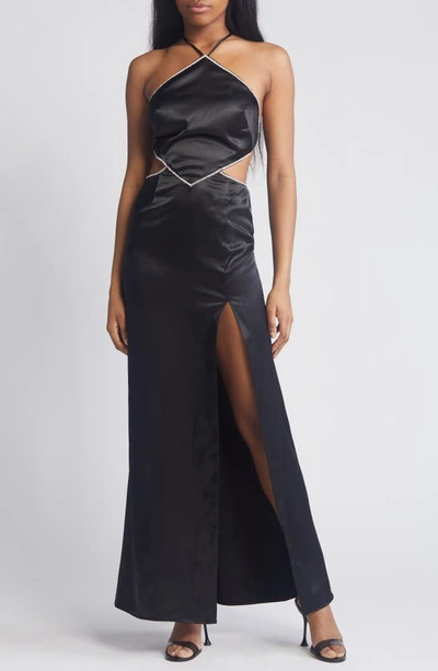 Shop Morgan & Co. Embellished Trim Cutout Satin Halter Gown In Black