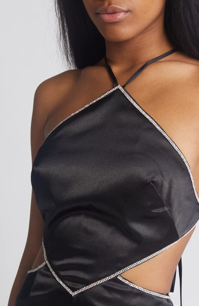 Shop Morgan & Co. Embellished Trim Cutout Satin Halter Gown In Black