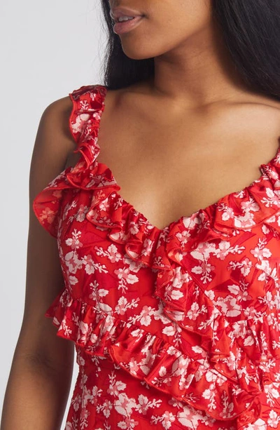 Shop French Connection Elianna Floral Ruffle Dress In True Red Raspberry