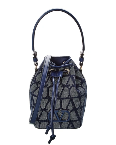Shop Valentino Vlogo Mini Toile Canvas & Leather Bucket Bag In Blue