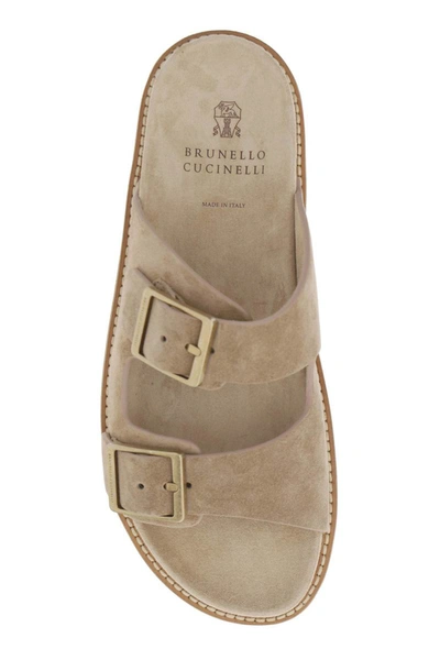Shop Brunello Cucinelli Suede Leather Slides For Women In Beige