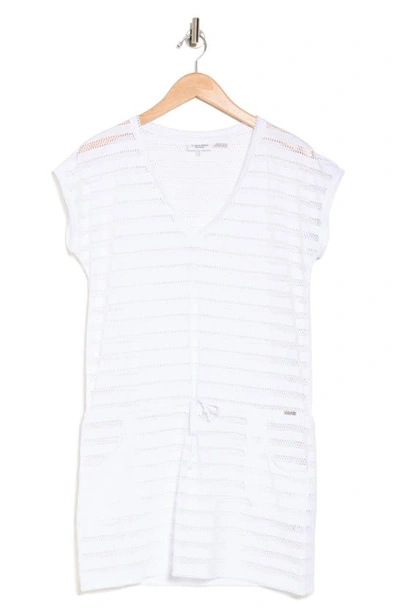 Shop Calvin Klein Crochet Stripe Drawstring Cover-up Tunic In Soft White