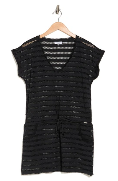 Shop Calvin Klein Crochet Stripe Drawstring Cover-up Tunic In Black