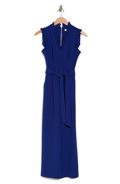 Shop Calvin Klein Ruffle V-neck Sleeveless Crop Jumpsuit In Ultramarine