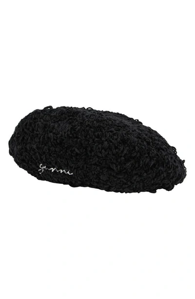 Shop Ganni Velvet Crochet Beret In Black