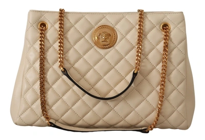 Shop Versace Nappa Leather Medusa Tote Women's Bag In Beige