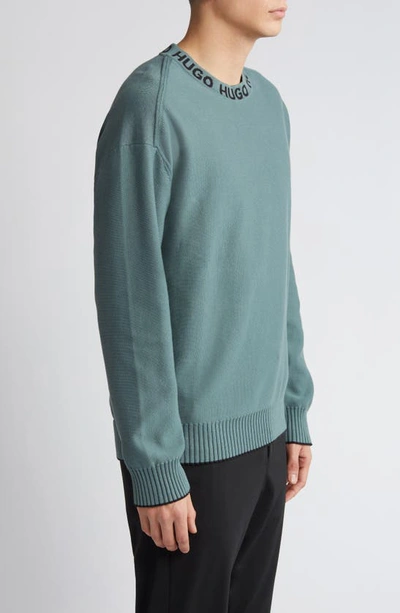 Hugo Boss Smarlo Oversize Logo Collar Crewneck Sweater In Dark Green
