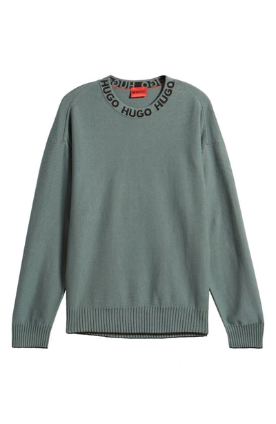 Hugo Boss Smarlo Oversize Logo Collar Crewneck Sweater In Dark Green