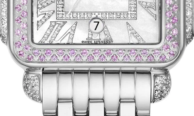 Shop Michele Deco Madison Pink Sapphire & Diamond Bracelet Watch, 35mm In Silver
