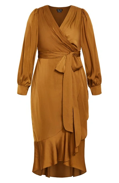 Shop City Chic Ophelia Long Sleeve Faux Wrap Maxi Dress In Salted Caramel
