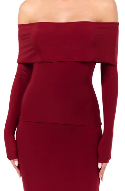 Shop Naked Wardrobe Off The Shoulder Long Sleeve Top In Dark Red