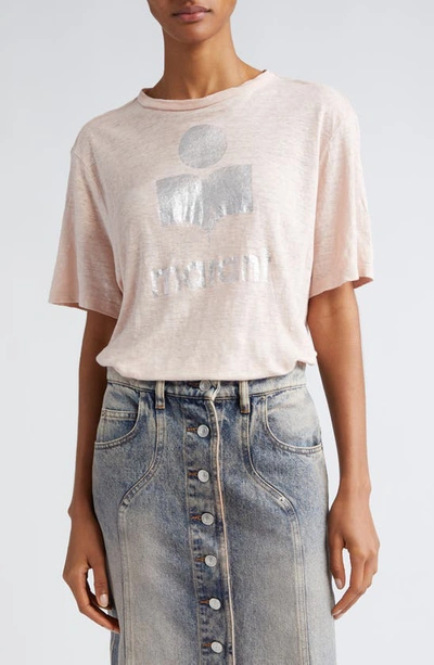 Shop Isabel Marant Étoile Zewel Metallic Logo Slub Linen Graphic T-shirt In Pearl Rose/ Silver