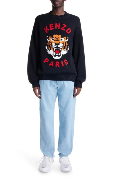 Shop Kenzo Lucky Tiger Cotton Blend Crewneck Sweater In Black