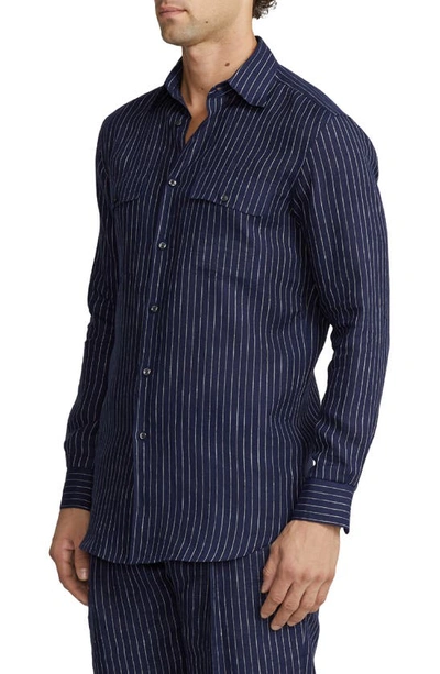 Shop Ralph Lauren Purple Label Norfolk Pinstripe Linen Button-up Shirt In Spring Navy/ Cream