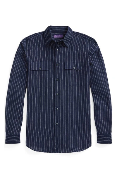 Shop Ralph Lauren Purple Label Norfolk Pinstripe Linen Button-up Shirt In Spring Navy/ Cream