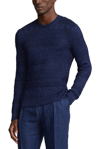 Shop Ralph Lauren Purple Label Mixed Stitch Silk & Cotton Crewneck Sweater In Spring Navy Multi