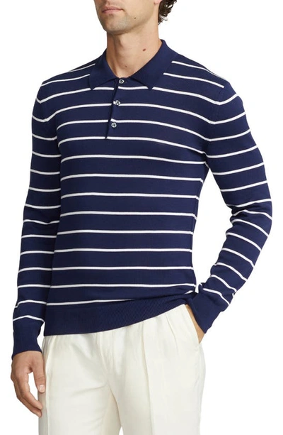 Shop Ralph Lauren Purple Label Stripe Cotton Polo Sweater In Spring Navy/ Optic White