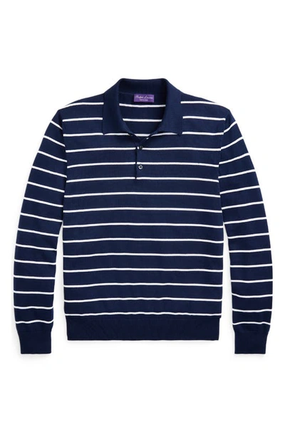 Shop Ralph Lauren Purple Label Stripe Cotton Polo Sweater In Spring Navy/ Optic White