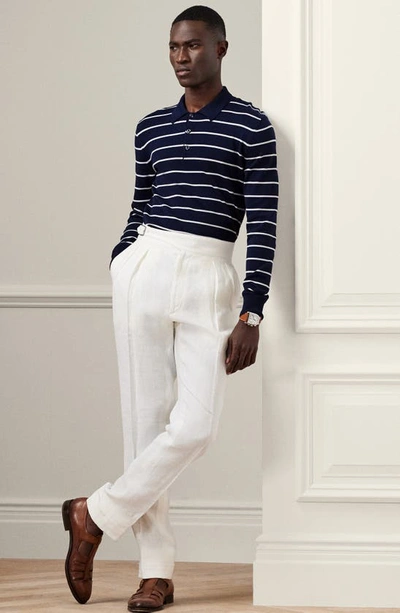 Shop Ralph Lauren Purple Label Stripe Cotton Polo Sweater In Spring Navy/ Optic White