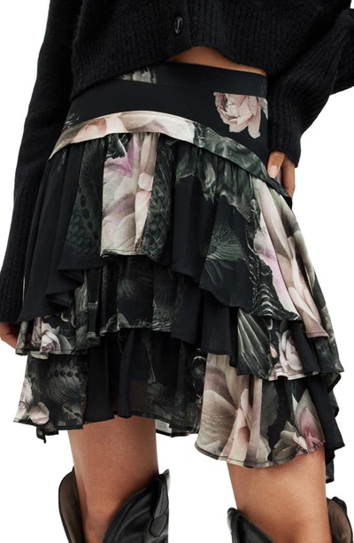 Shop Allsaints Cavalry Valley Floral Tiered Skirt In Jet Black