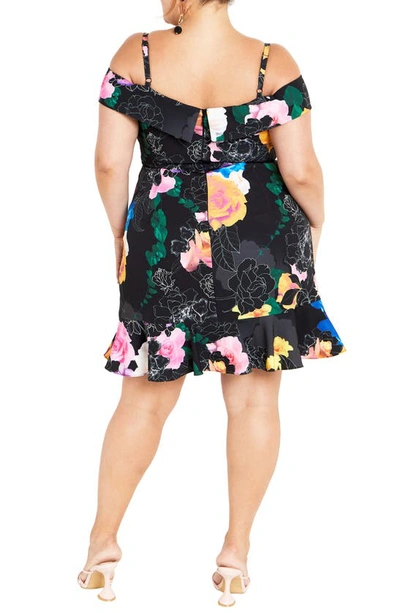 Shop City Chic Raquel Floral Print Cold Shoulder Minidress In Black Bright Romance