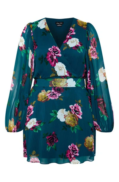 Shop City Chic Khloe Floral Print Long Sleeve Faux Wrap Minidress In Teal Bright Desire