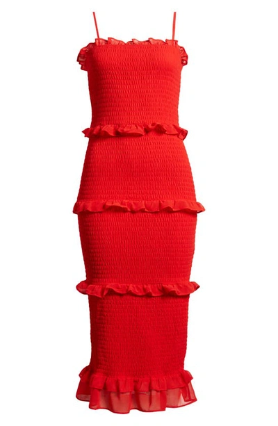 Shop Bebe Smocked Georgette Cocktail Dress In Red