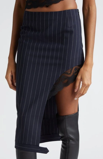Shop Monse Deconstructed Pinstripe Lace Trim Wool Blend Pencil Skirt In Midnight