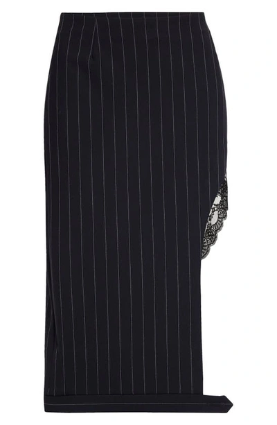 Shop Monse Deconstructed Pinstripe Lace Trim Wool Blend Pencil Skirt In Midnight