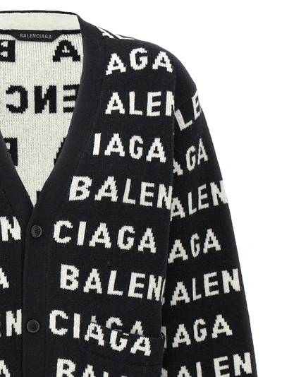 Shop Balenciaga All Over Logo Cardigan Sweater, Cardigans White/black