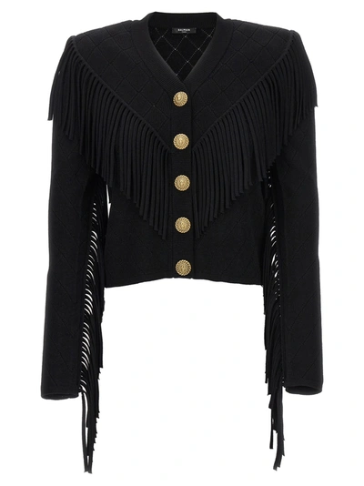 Shop Balmain Fringed Cardigan Casual Jackets, Parka Black