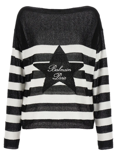 Shop Balmain Logo Embroidery Striped Sweater Sweater, Cardigans White/black