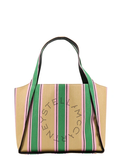 Shop Stella Mccartney Rafia Shoulder Bag With Multicolour Print And Logo With Studs On The Front