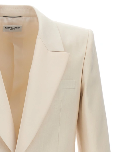 Shop Saint Laurent Silk Single Breast Blazer Jacket Jackets Beige