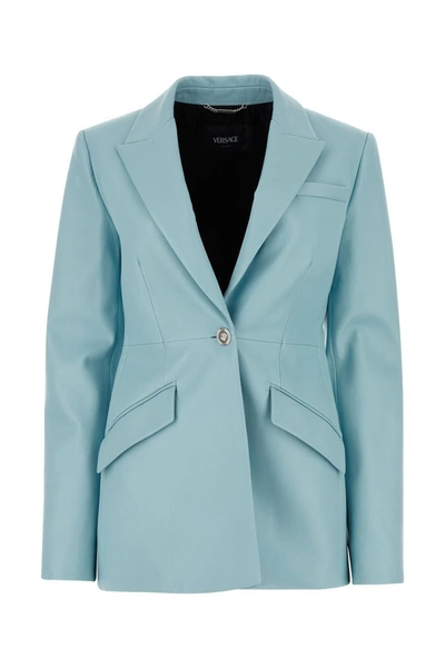 Shop Versace Jackets And Vests In Lightblue