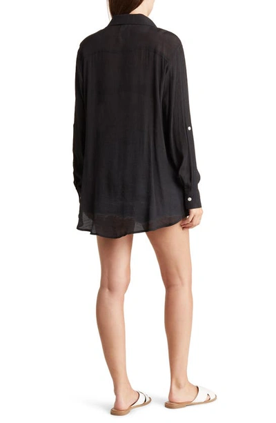 Shop Vyb Textured Long Sleeve Button-up Cover-up Shirt In Black