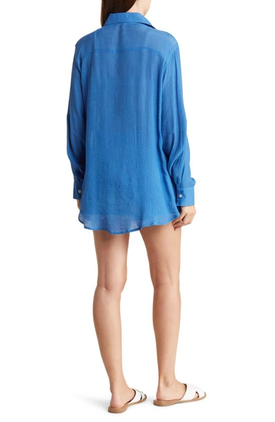 Shop Vyb Textured Long Sleeve Button-up Cover-up Shirt In Blue