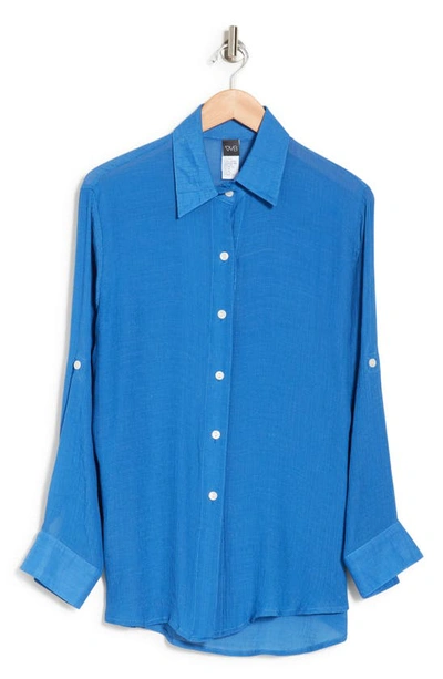 Shop Vyb Textured Long Sleeve Button-up Cover-up Shirt In Blue
