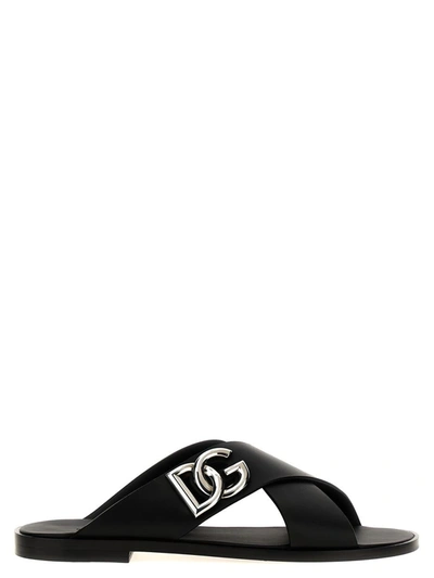 Shop Dolce & Gabbana Logo Leather Sandals In Black