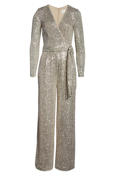 Shop Eliza J Sequin Wrap Front Long Sleeve Jumpsuit In Silver