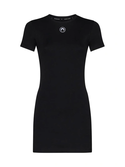 Marine Serre Black Long T-shirt With Crescent Moon Embroidered On The Front And Logo Patch On The Back In Black