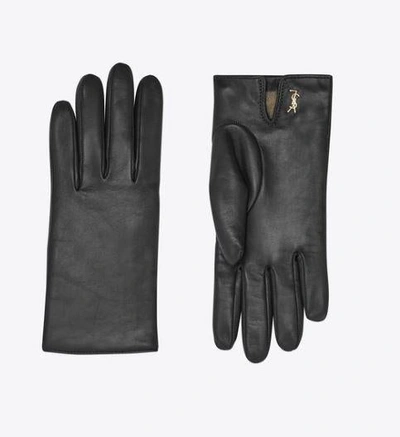 Shop Saint Laurent Logo-plaque Leather Gloves In Black