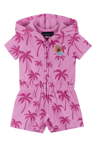 Shop Andy & Evan Palm Print Terry Cloth Hooded Cover-up Romper In Pink Palms